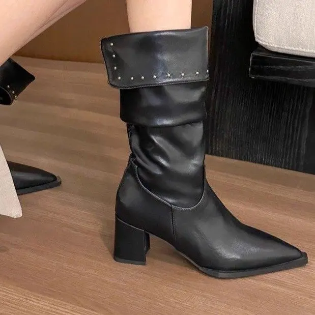 Retro Casual! Women's Brown Turn-Down Collar Studded Pointed Toe Chunky Heel Ankle Boots for Fall