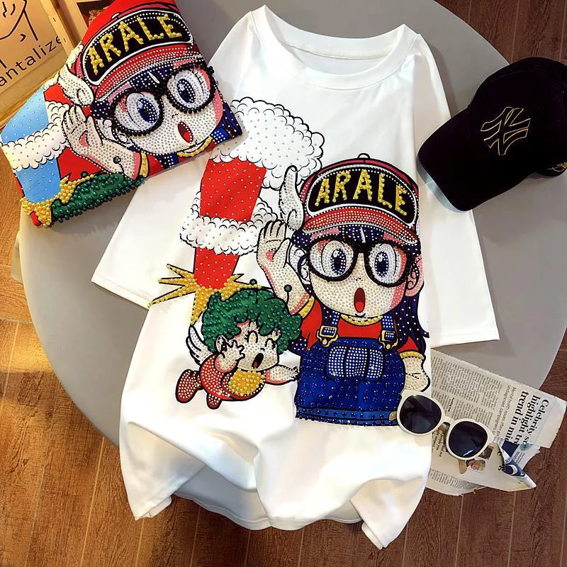 

Женская футболка с коротким рукавом, с объемной вышивкой, мультяшным принтом и стразами, модная, повседневная, хлопковая, с круглым вырезом