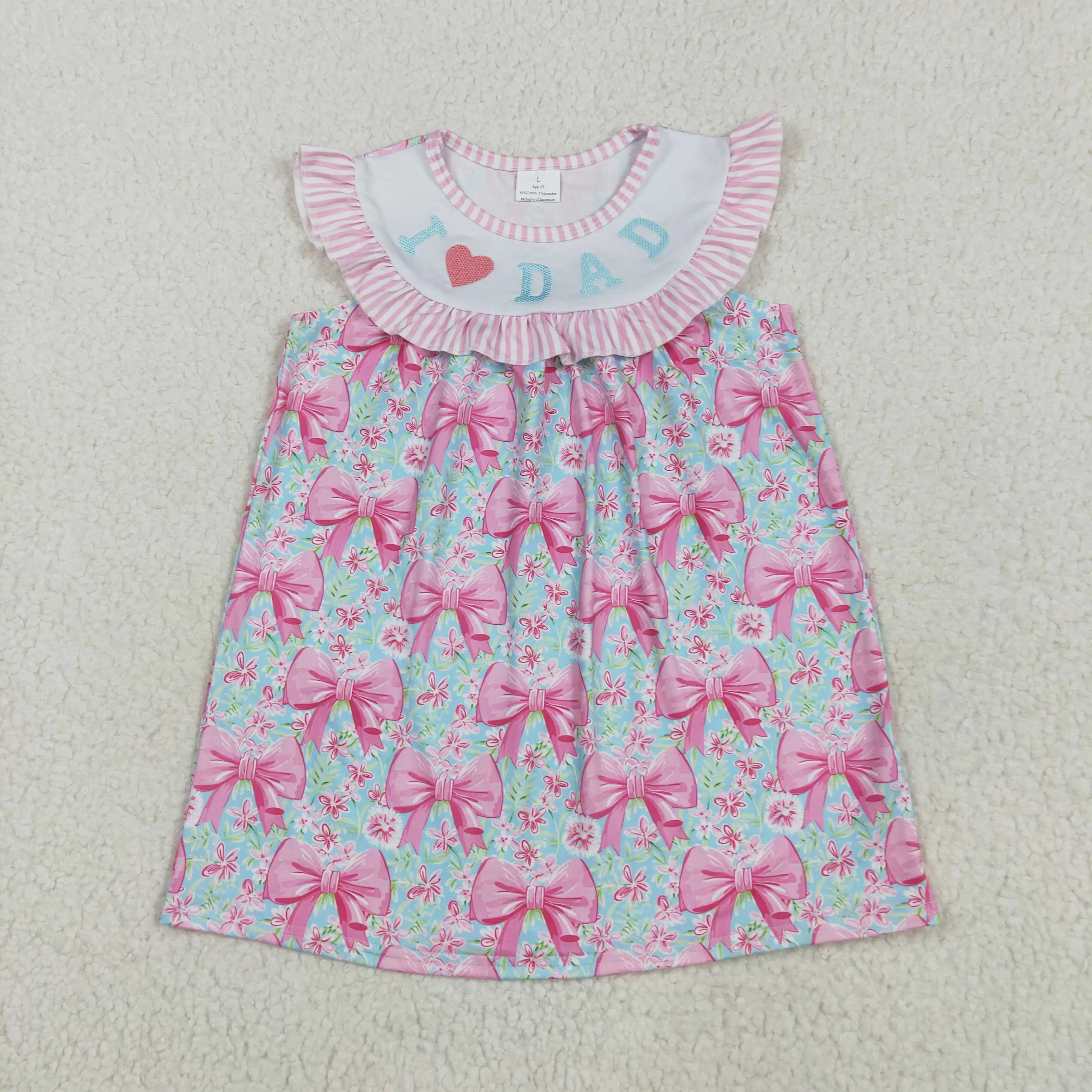 Wholesale Baby Girls Embroidery I Love Dad Short Sleeves Floral Bows Knee-Length Dresses Toddler Kids Children Smocked Clothes