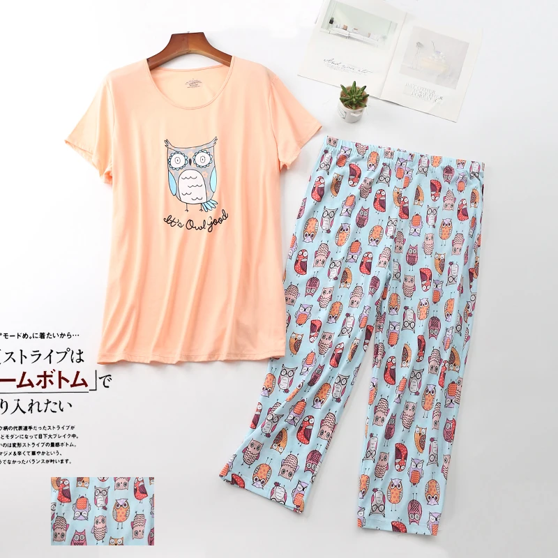 Multi Styles Summer Women\'s Pajamas Set Owl Sheep Cat Short Sleeve Tops Three Quarter Pants Capris Sleepwear Big Size 2904