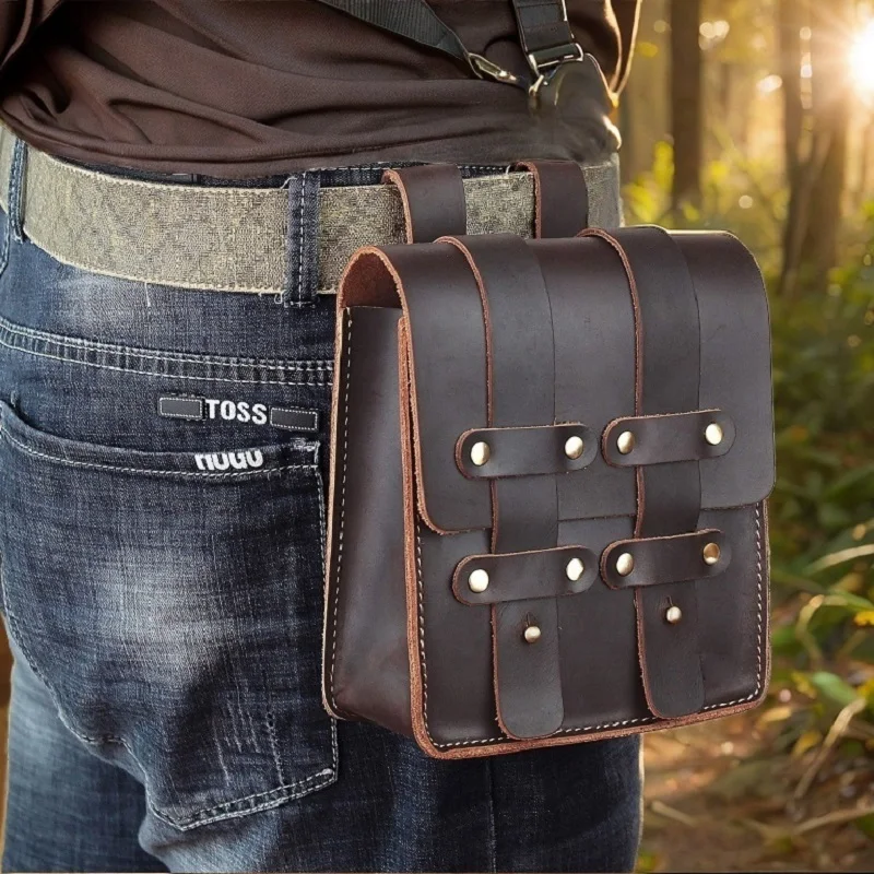 Genuine Leather Waist Packs for Men Vintage Fanny Packs Outdoor Travel Hip Pouch Man Large Capacity Waist Belt Bag Phone Holster