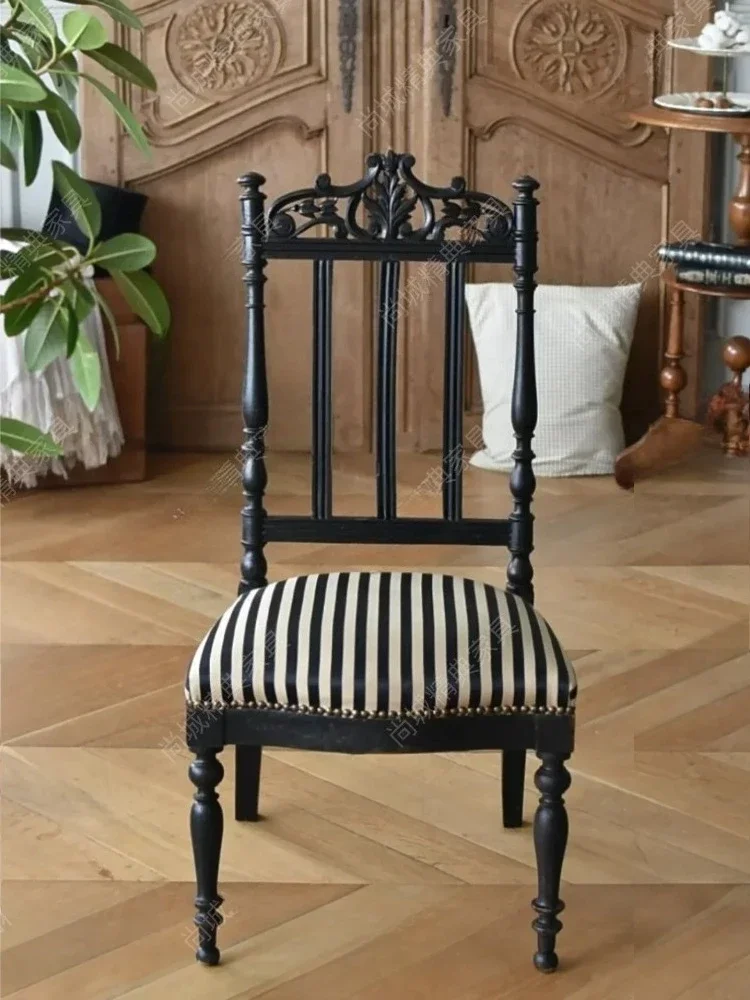 X Retro Carved Backrest Striped Chair Black Solid Wood Dining Chair Makeup Chair Small Apartment