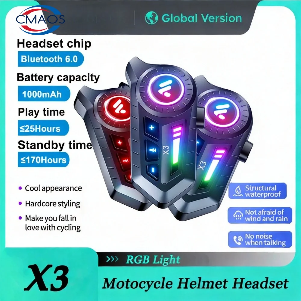 X3 Motorcycle Bluetooth 6.0 Helmet Headset Tri-Colorful Lights Earphone IPX6 Waterproof Support Connecting 2 Phones Same Time