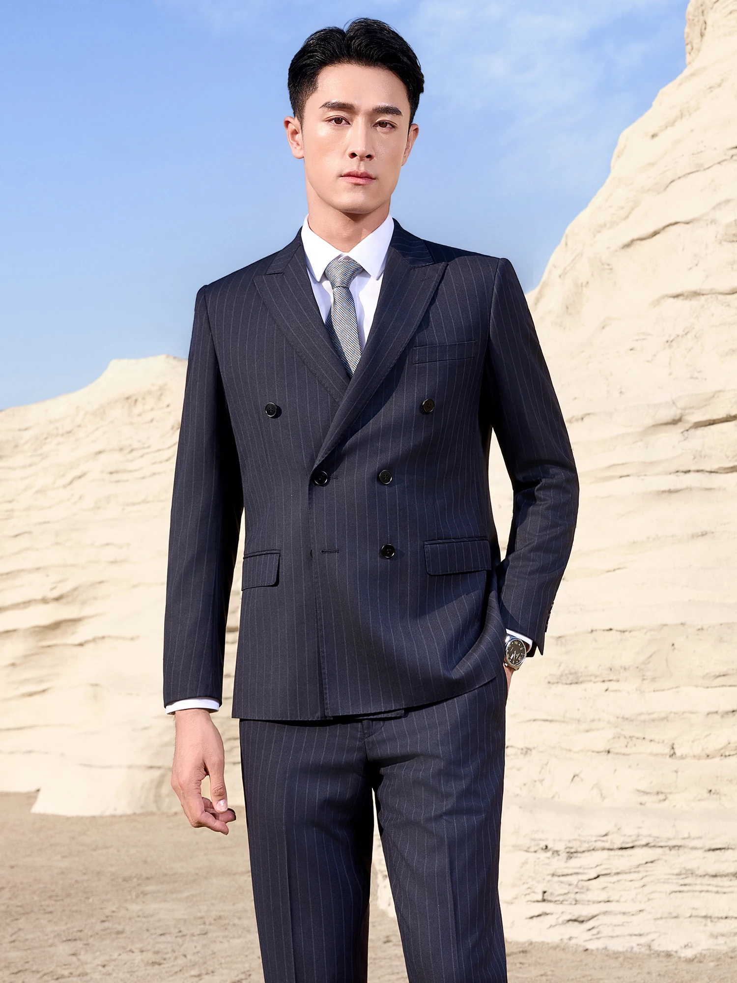Men's Business Casual Striped Suit Set Standard Fit Double Breasted Wedding Groomsmen Best Man Formal Wear Spring Season