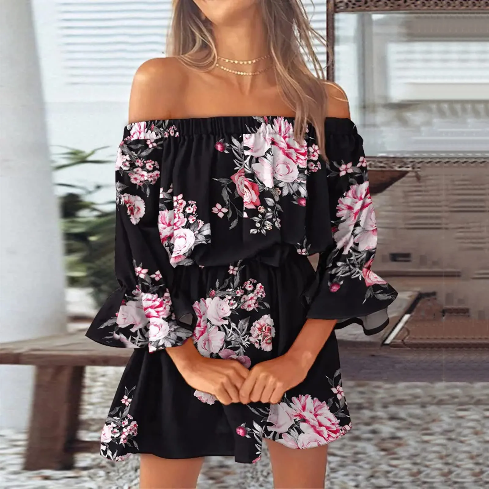 

Women Flower Printing Sexy Off Shoulder Dresses Casual Above Knee Mini Strapless Female Dress Fashion Streetwear Casual Skirt