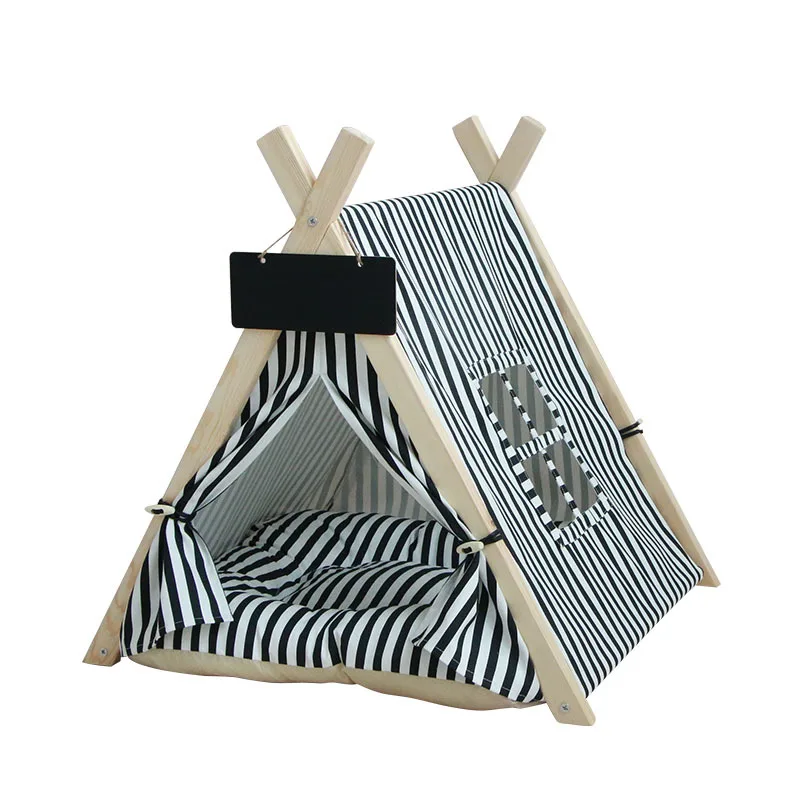 Cute Pet Teepee Tent Foldable Wood Linen Cave Bed Dog Cat Tipi House Indian Tents