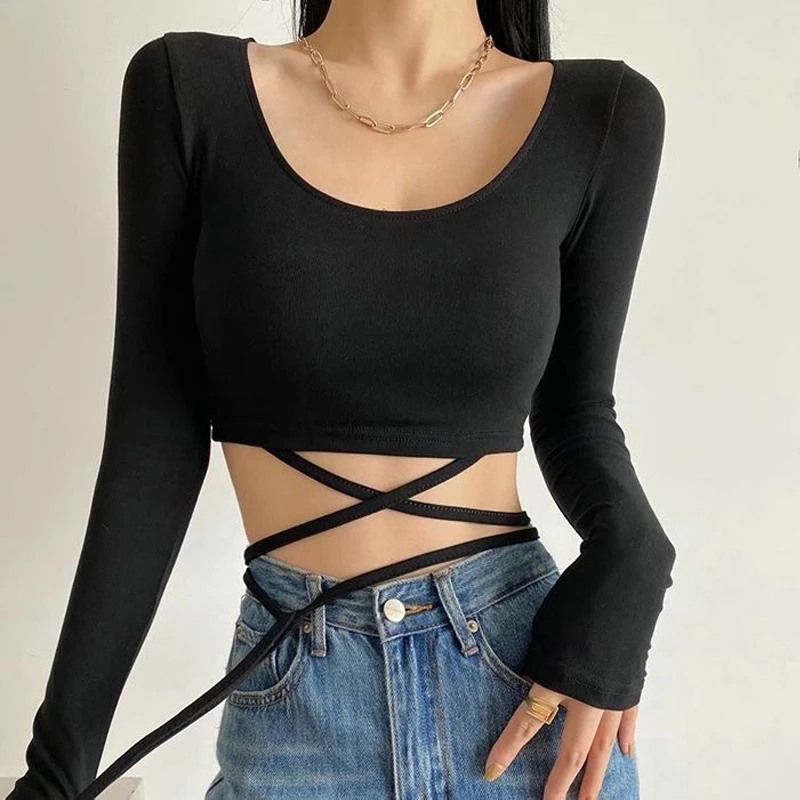 Spring Summer Hot Girls Show Waist Short Tops Waist Tie Rope Thin Belt Exposed Navel Long Sleeve Elastic T Streetwear Tops