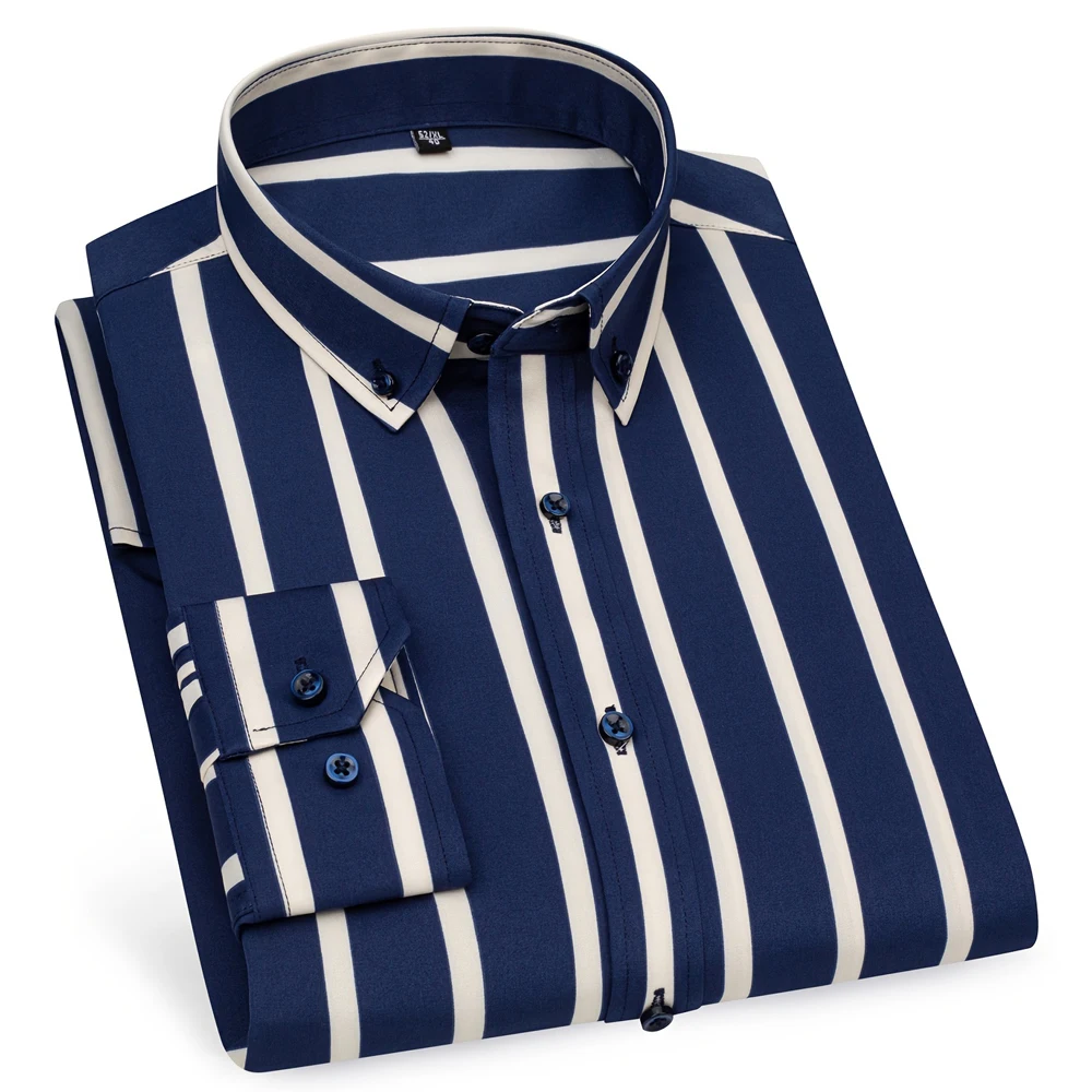 Men's Lightweight Long Sleeve Color Block Striped Dress Shirts Wrinkle-Resistant Standard-fit Youthful Button-down Casual Shirt