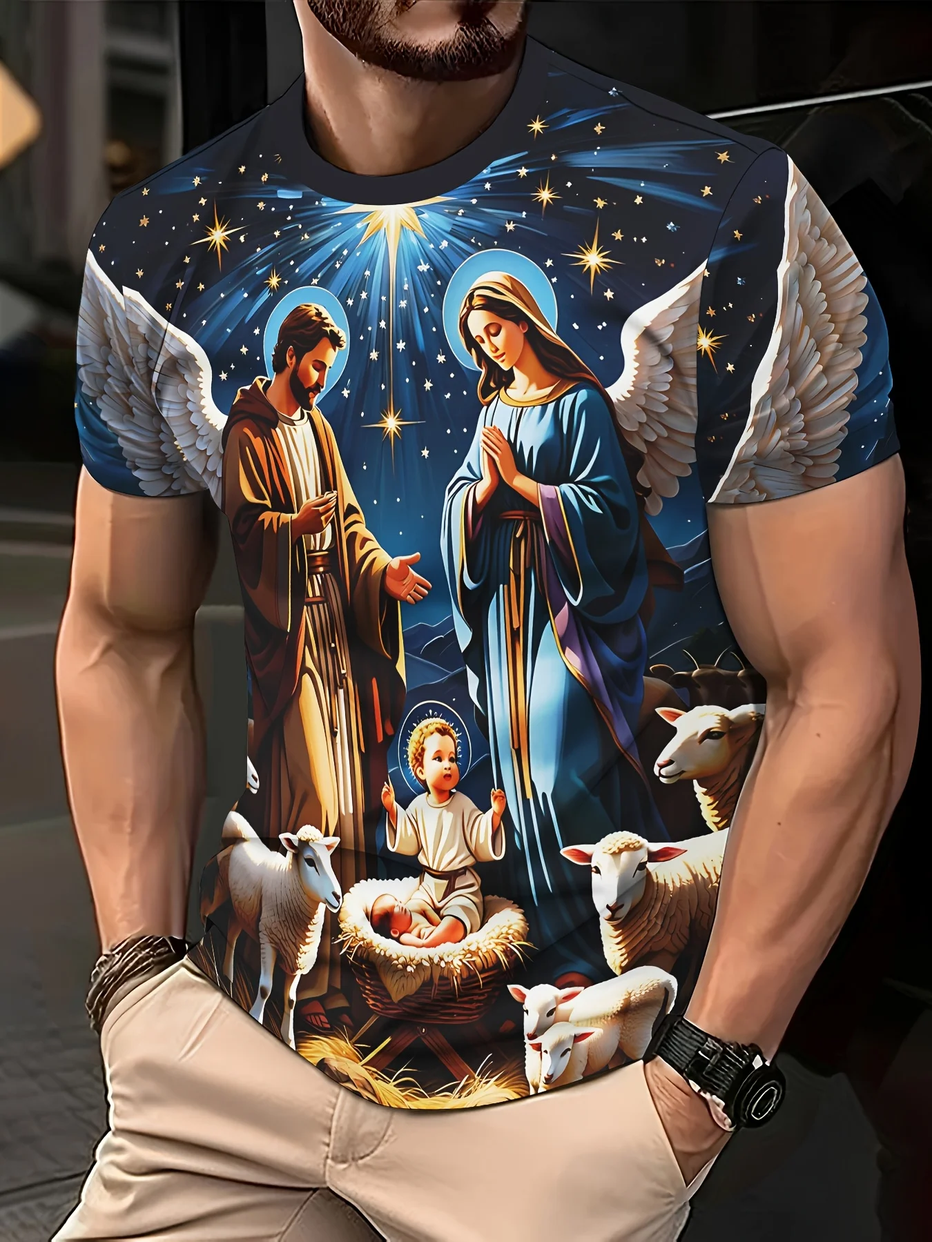 Men Nativity Scene Holy Family Virgin Mary Joseph Jesus Sheep Star Sky Full Print Religious Crew Neck Short Sleeve Tee