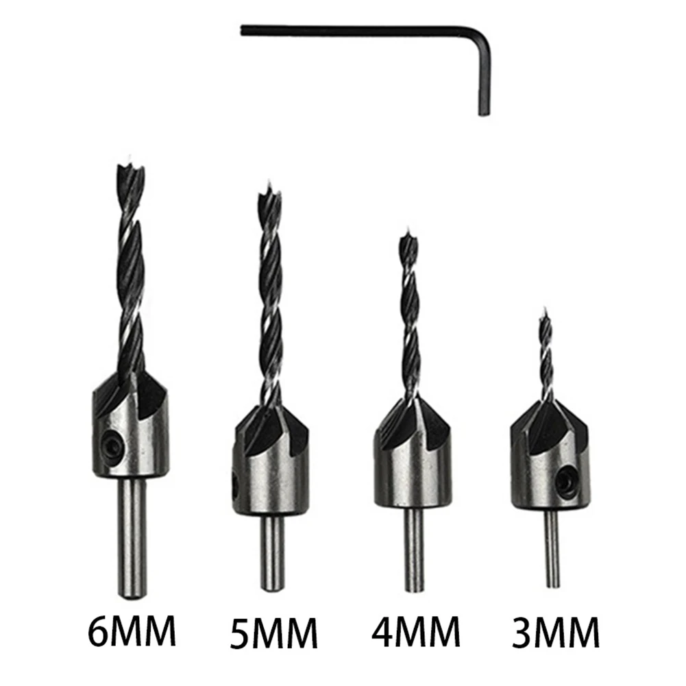 4pcs Countersink Drill Bit Chamfering Tools Hexagon Key Wrench 3/4/5/6mm Bit Head For Reaming Drilling Woodworking Tools Parts