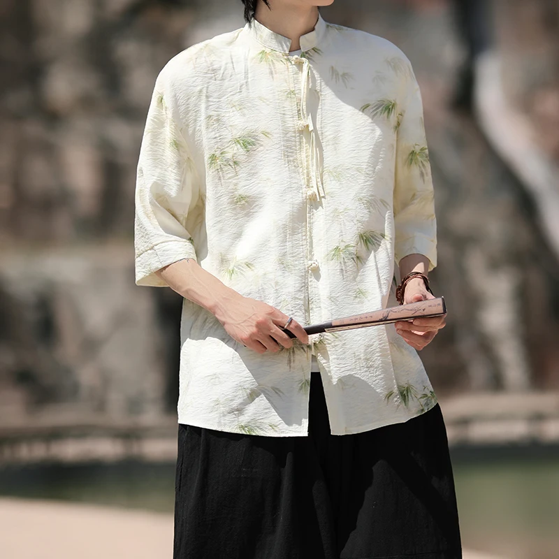 M-XXXXXL Plus Size Men Elegant Bamboo Print Mandarin Collar Shirt Traditional Chinese Style Fashion Clothing for Men & Women 5XL
