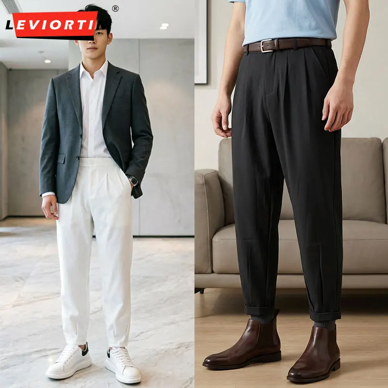 

Men's Summer Ice Silk Suit Pants Ankle Length Loose Straight Leg Dress Pants Business Casual Male Lightweight Breathable Pants