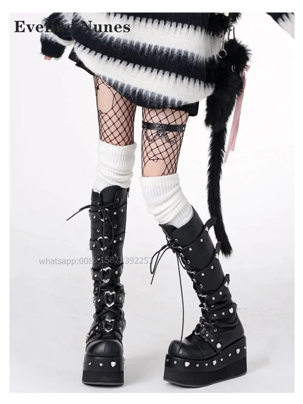 Heart-Shaped Rhinestone Platform Booty Round Toe Height Increasing Cross Tied Belt Buckle Knee High Boots Zip Spicy Girl Shoes