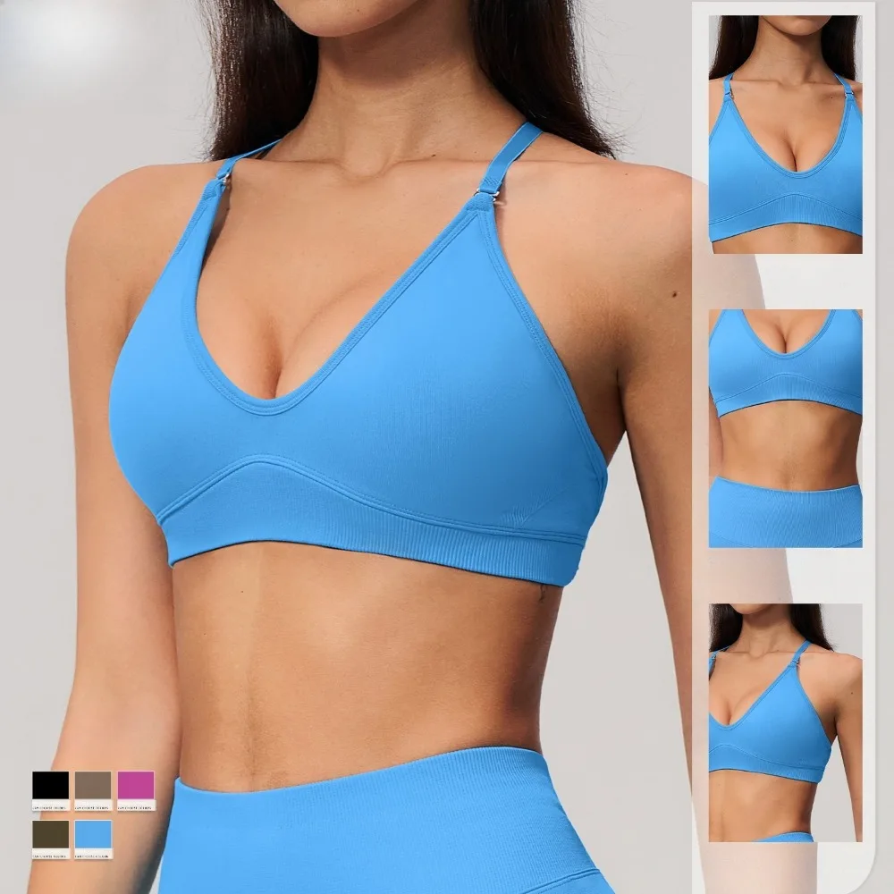 Women V Neck Seamless Sports Bra, Padded Cross Back Longline Yoga Tank Top, 90% Nylon 10% Spandex Moisture Wicking Supportive Workout Bra for Running Gym Fitness Training, Solid Color Activewear