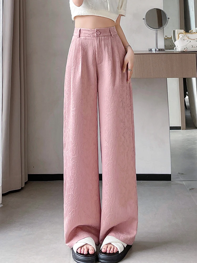 New 2024 Spring Summer Wide Leg Loose Pants For Women Solid Color Chinese Style Casual High Waist Jacquard Trousers Female