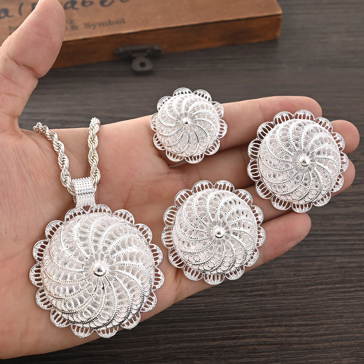 Ethiopian Silver Color Spiral Hollow Design Jewelry Set Women Pendant Necklace Earrings Ring Wedding Party Gift