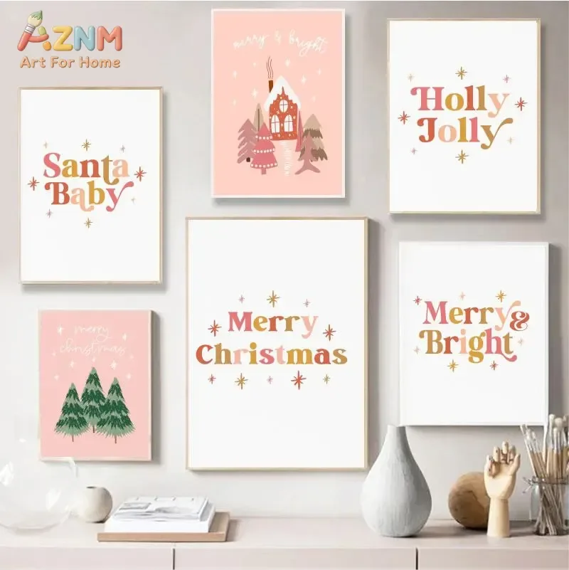 AZNM Pastel Pink Christmas Letter House Pine Tree Diamond Wall Art Warm Xmas Text Print Unframed Diamond Painting Bedroom Home