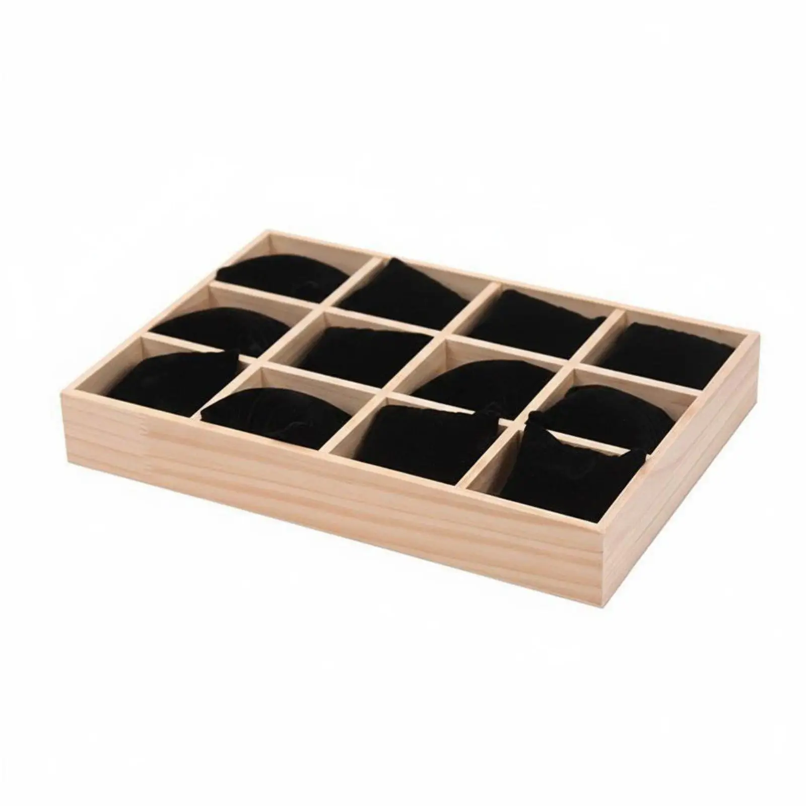 12 Grid Jewelry Display Tray with Soft Flannel Pillows for Watch Bracelet Holder Wooden Organizer for Home Counter Top