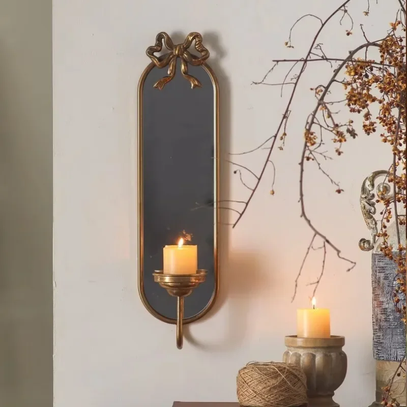 A13 Retro Wall Mirror, Medieval Iron Art Vanity Mirror, Multi-functional Wall-mounted Candlestick Entrance Mirror