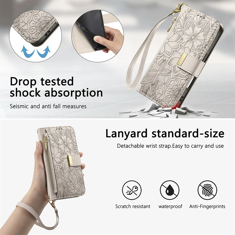 حافظة محفظة بطاقات كروس لهاتف سامسونج جالاكسي S25 FE S24 Ultra Plus S25Edge حافظة كاملة من الجلد مع حزام للرسغ