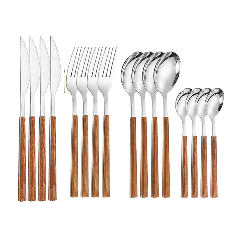 

16pcs Stainless Steel Cuberteria Wooden Cutlery Set Dinnerware Clamp Western Tableware Dining Knife Spoon Fork Set Silverware