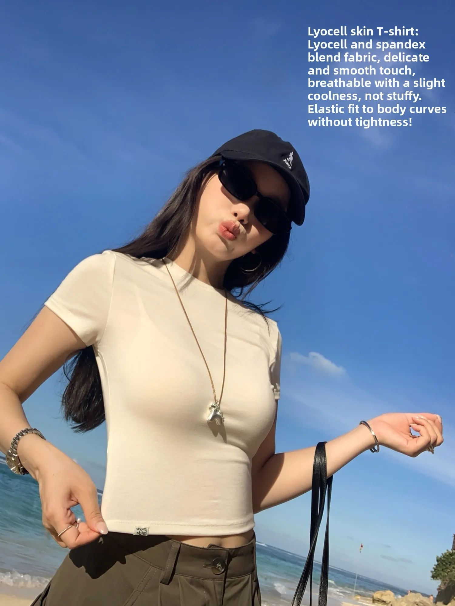 Pusumede Sandglass Waist Short Sleeve T-Shirt Women's Simple Elastic Slim Fit Belly Button Baring Short Top Casual Style