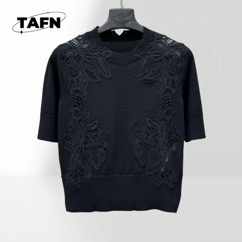 Luksusowa kaszmirowa bluzka bankietowa z koronką, krótkim rękawem, wzorem kwiatowym, dzianinowa odzież damska, 75% wełna, 25% prawdziwej jedwabiu, elegancka A25366