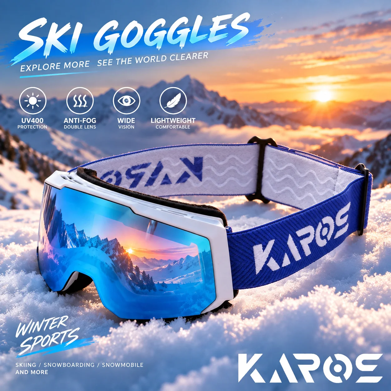 Karos UV400 Ski Goggles Double-Layer Anti-Fog Snow Glasses for Skiing Snowboarding Snowmobile Winter Sports Outdoor Eyewear KH07