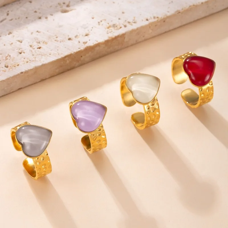 

10pcs 18K Gold Stainless Steel White Purple Red Crystal Heart Charm Adjustable Ring French Retro Open Rings for Women Jewelry