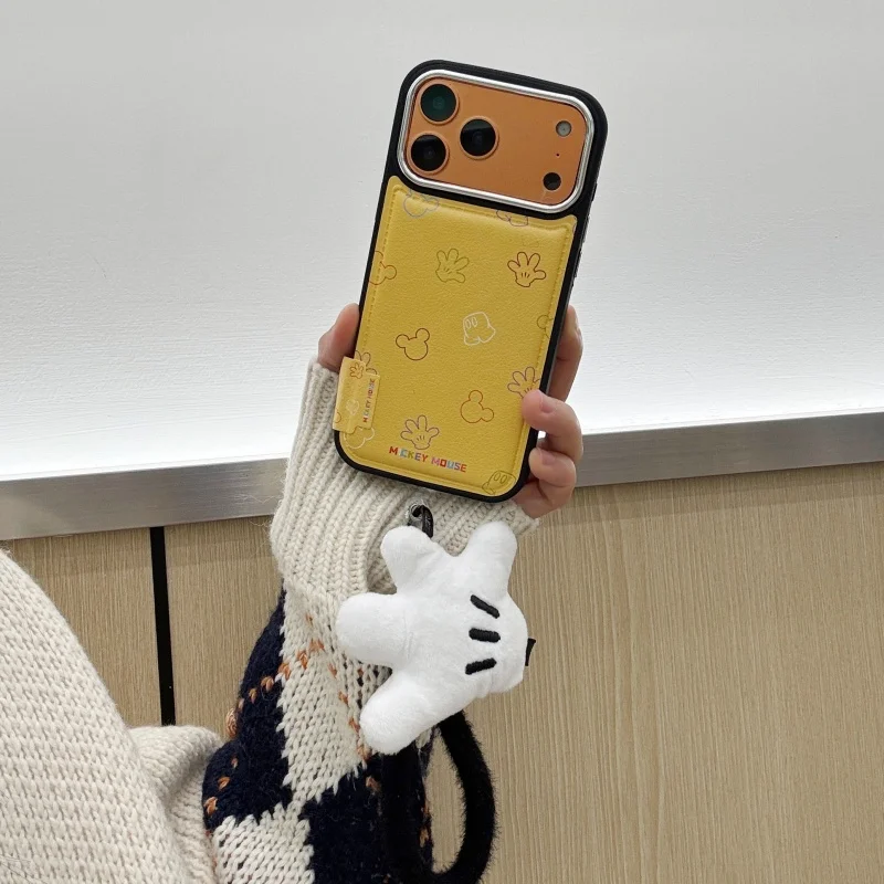 

Kawaii Cartoon Mickey Print Plating Leather Phone Case For iPhone 17 Pro 16 15 14 Pro Max Cover with Plush Hand Strap Cute Cases