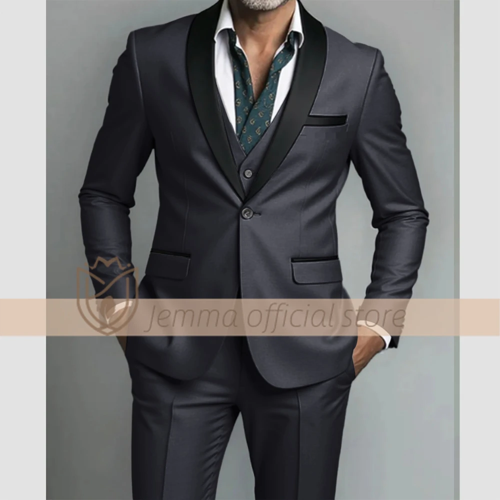 Men's 3-Piece Shawl Lapel Suit with Black Trim for Weddings, Corporate Events, Formal Dinners and Cocktail Parties, Customizable