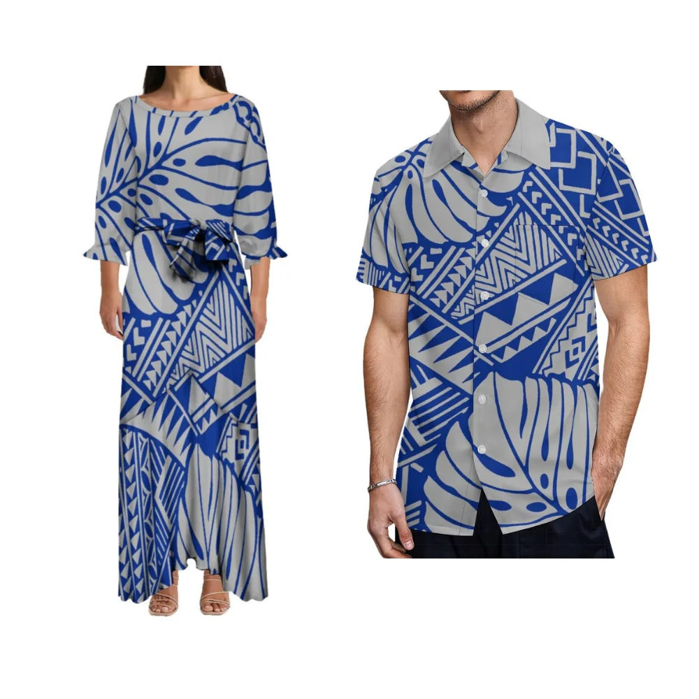 High Quality Couple Party Set Polynesian Ethnic Style Printed Custom Suit Shirt For Men With Large Round Neck skirt for Women