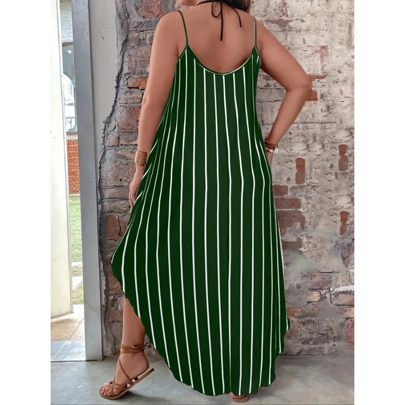Plus Size 1XL-5XL Women's Fashionable Slim Shoulder Strap Striped Printed Casual Comfortable Suspender Dress