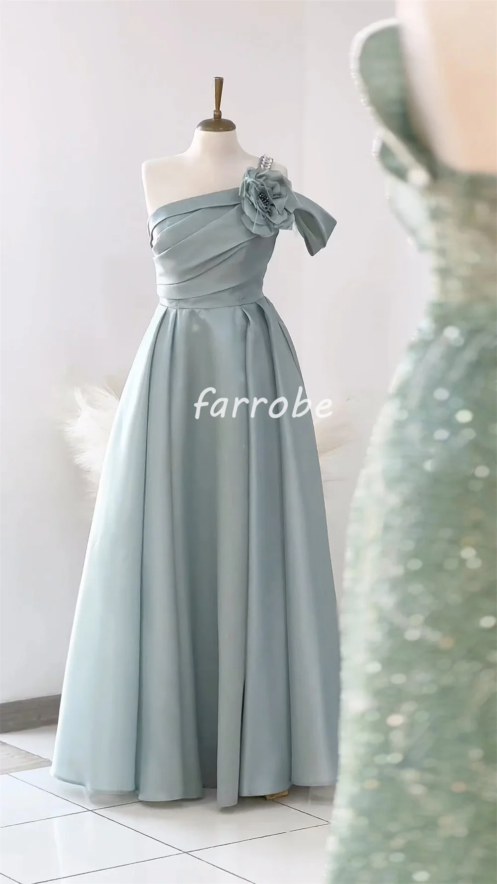 Customized Sizes Available Pleat Handmade Flower Beading Sequined A-line One-shoulder Long Dresses Bespoke Occasion Dresses