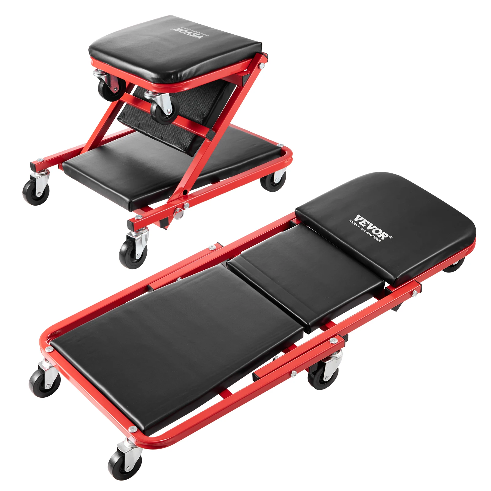 VEVOR Foldable Z Garage Creeper Rolling Folding Mechanic Creeper Stool with 6 Wheels Tool Tray Padded Seat Garage Shop Home