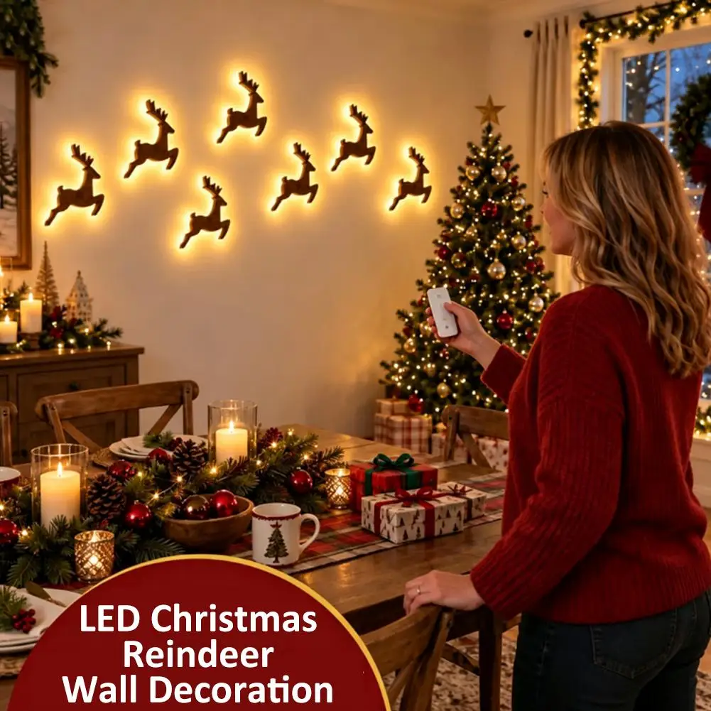 LED Wooden Reindeer Wall Lights, Christmas Luminous Deer Wall Stickers Warm Light Holiday Decor, Indoor & Outdoor Ornament Gift