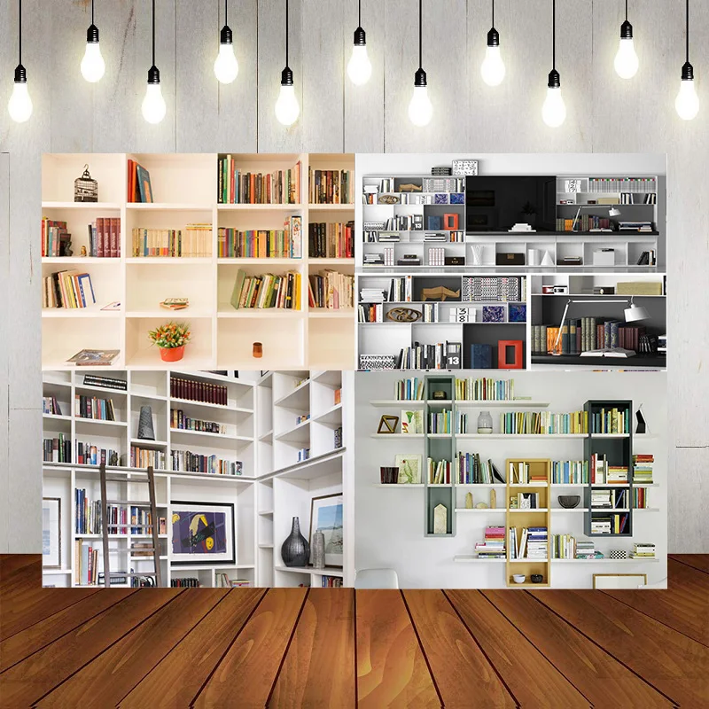 White Bookshelf Photography Backdrop Bookcase Office Conference Zoom Home Decoration Background Banner Happy Birthday Party