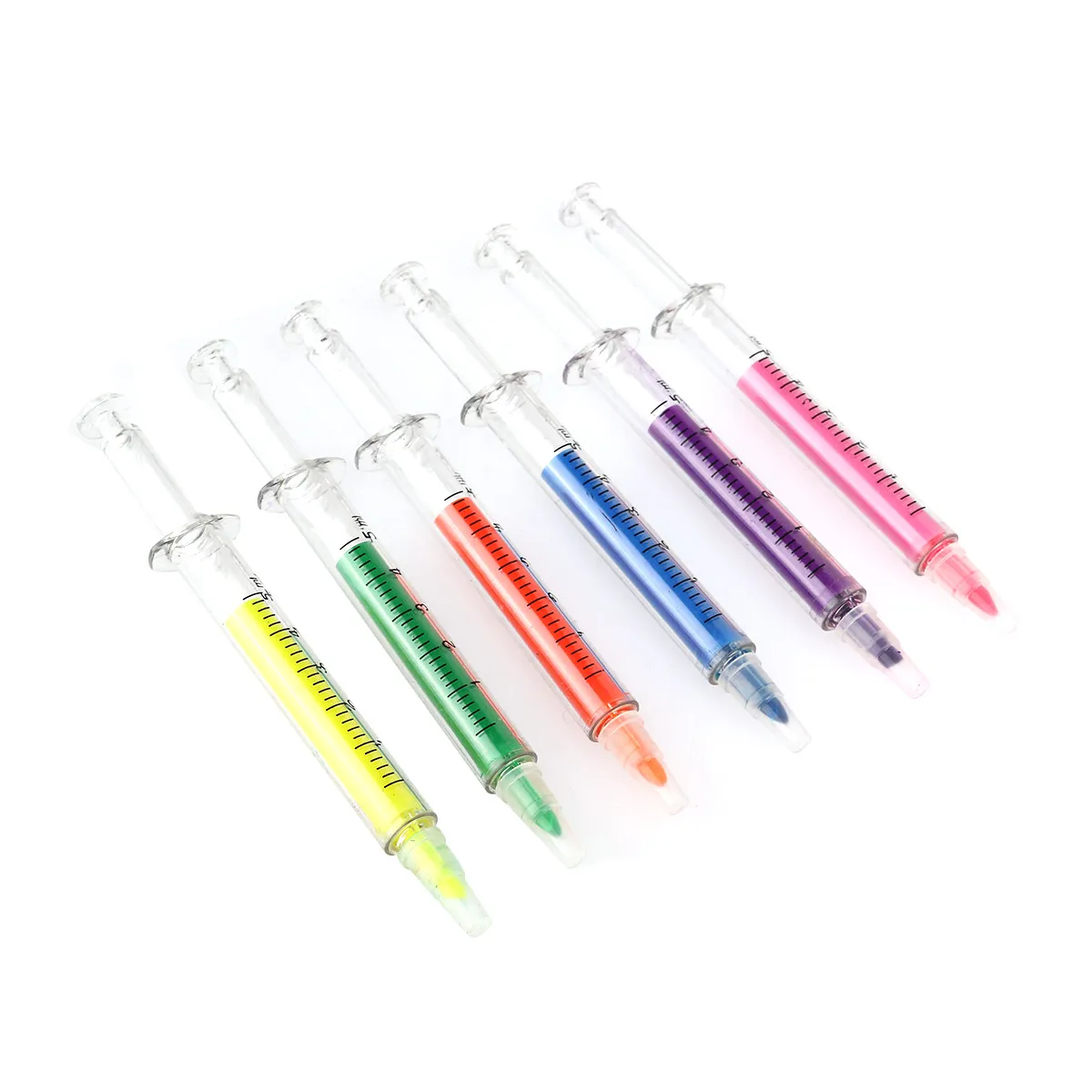 

6Pcs Highlighter Pens Syringe Style 6 Colors Included Yellow Orange Blue Green Red Catching Design Ideal for Studying