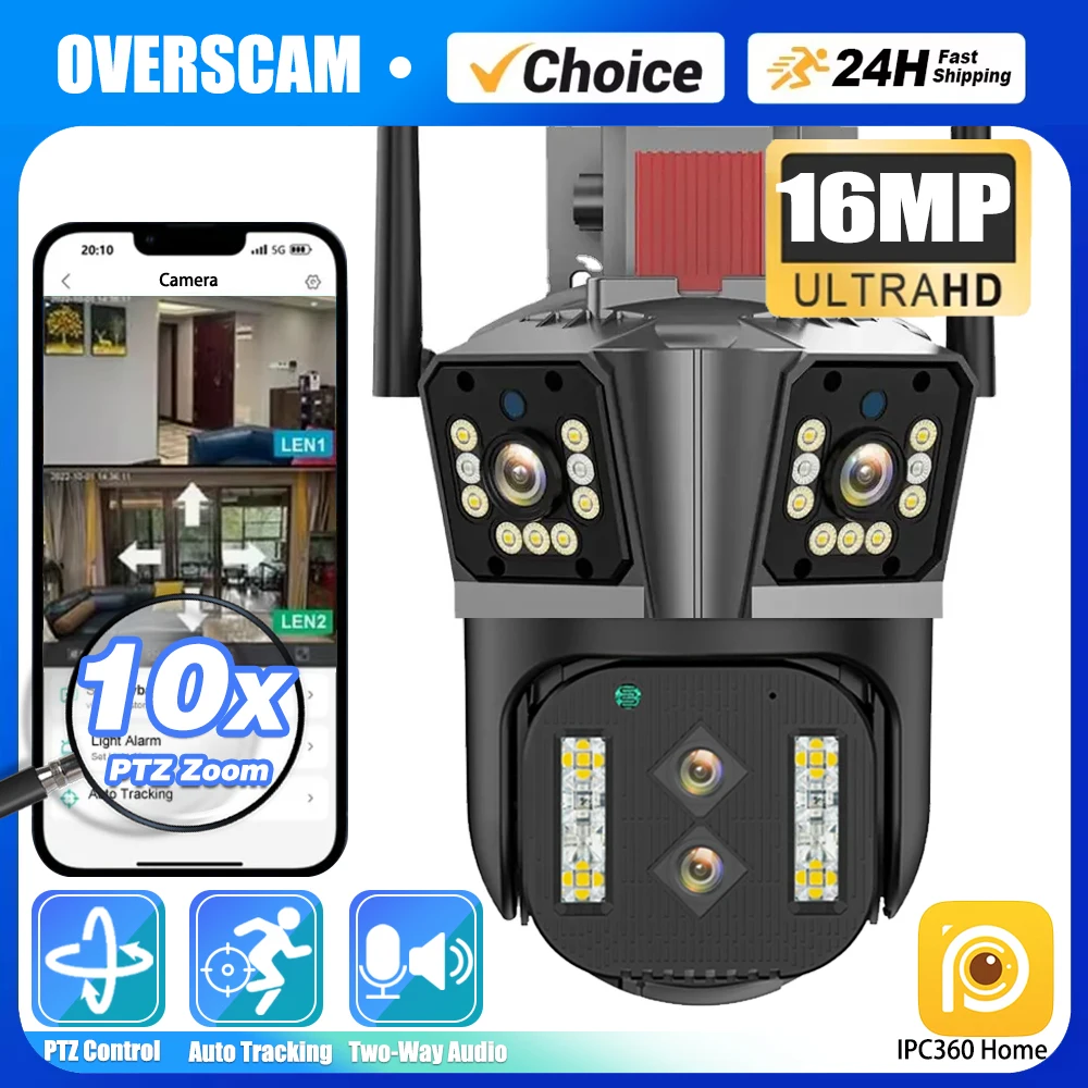 

IPC360 Home App 16MP 8K Security Camera 4 Lens 10X Zoom 3 Screens WiFi PTZ Camera Two Way Audio Auto Tracking Color Night Vision