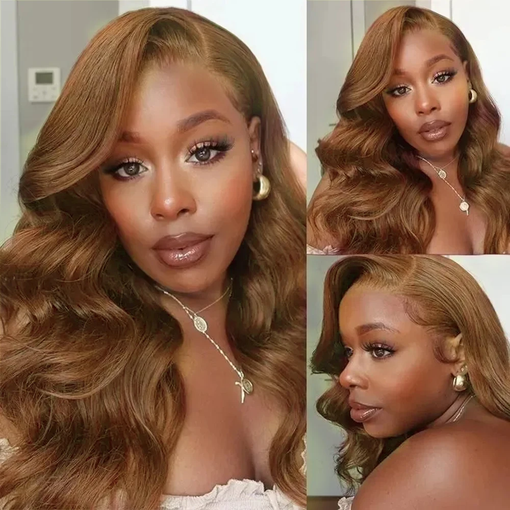 チョコレートブラウンのボディウェーブ人毛ウィッグ 13x4 HD透明レースフロントウィッグ 密度200% ブリーチノット レースフロントウィッグ