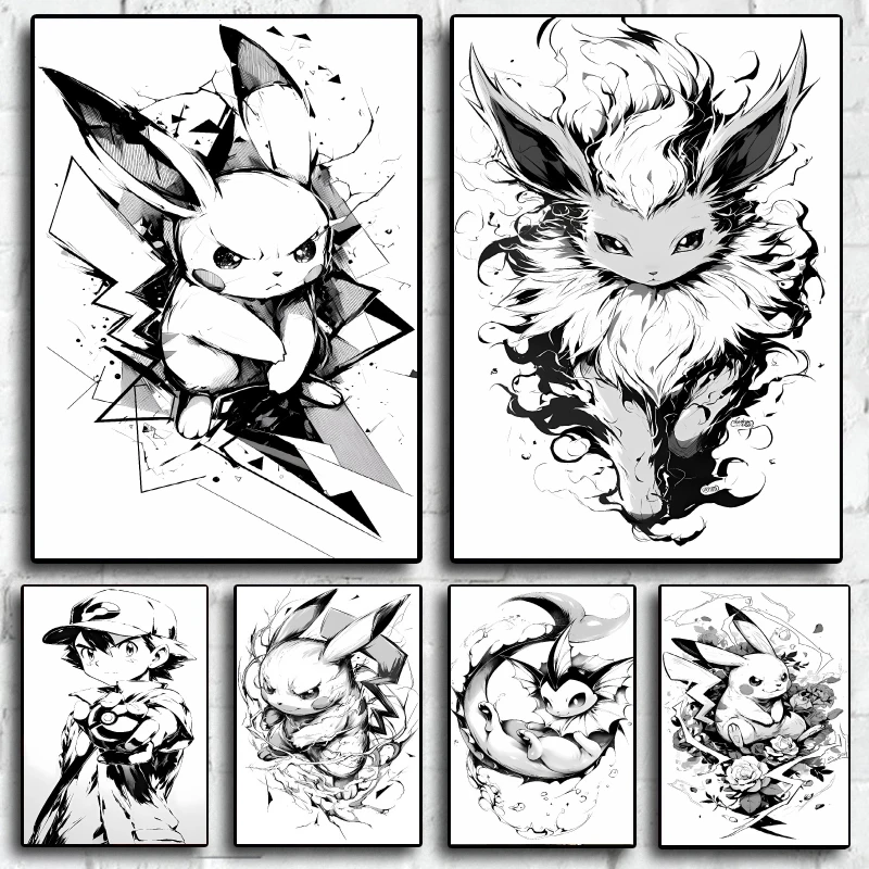 1PC  Uniquely Designed Pokemon Pikachu Decorative Painting in Black and White Art Style Bringing Anime Vitality To Your Room