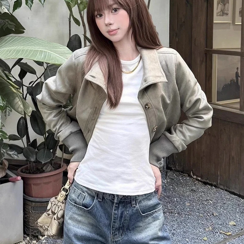 American Vintage Street Jacke für Damen, schmal, lässig, klassisch, Basic-Mantel, langärmelig, Stehkragen, einreihig, abgeschnittene Oberbekleidung