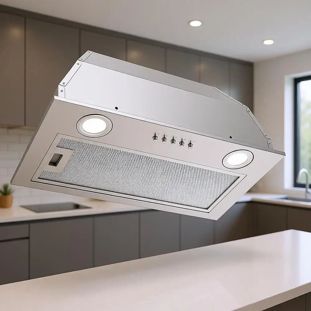 

Вытяжка встраиваемая 20 дюймов (600 см), канальная/конвертируемая, сетчатый фильтр, кнопочное управление, нержавеющая сталь, 3 скорости вентилятора