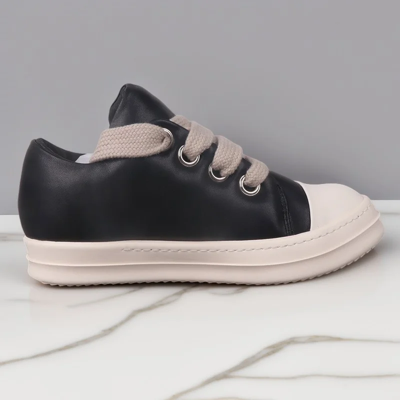 Men's Casual Leather Shoes Women Low Top Jumbo Lace-Up Luxury Designer Black White Sneakers Wide Shoelaces Autumn Bread Shoe