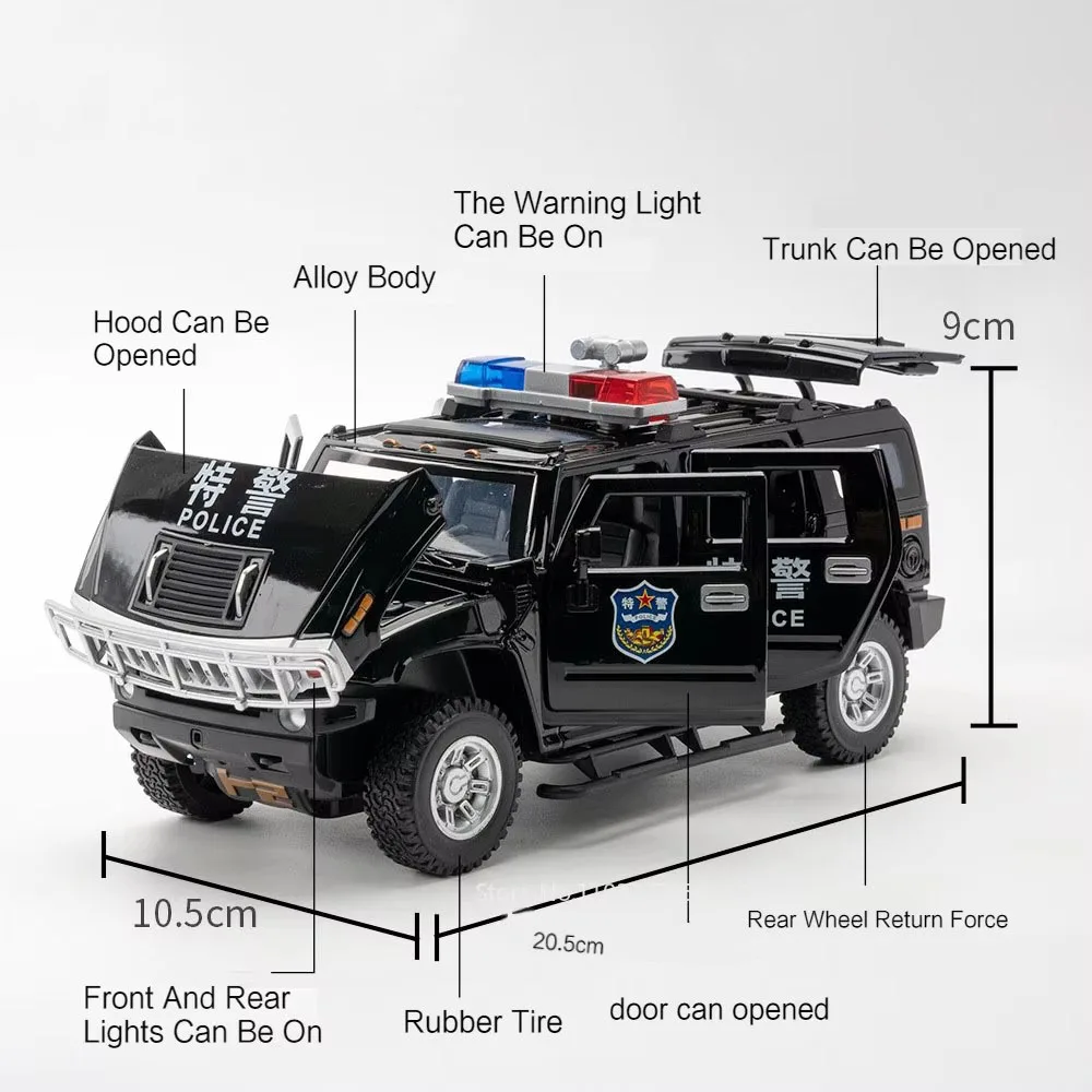 Modelo de coche de juguete de policía H2, aleación fundida a presión, 6 puertas abiertas con luz de sonido, Tire hacia atrás, neumático de goma, vehículos todoterreno, regalos para niños, 1/24