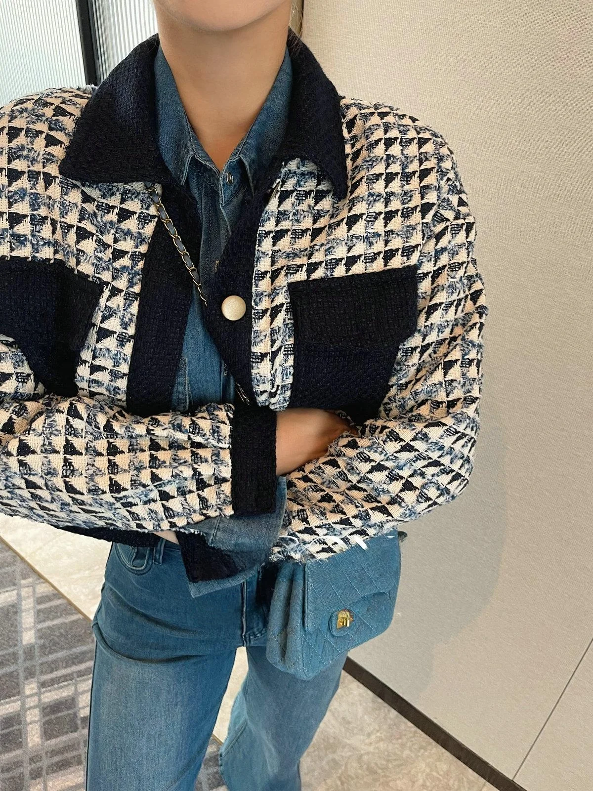 

JINGONI ort Plaid Woolen Jaet Women's Loose Fit Autumn Winter New Sle Retro Slimming Coat Collar Single Button Clo...