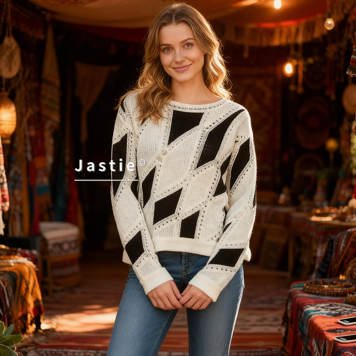 

Черно-белый ажурный вязаный свитер с геометрическим рисунком и круглым вырезом, укороченный свободный кружевной узор, шикарный топ с длинными рукавами для женщин, вязаные топы в стиле бохо