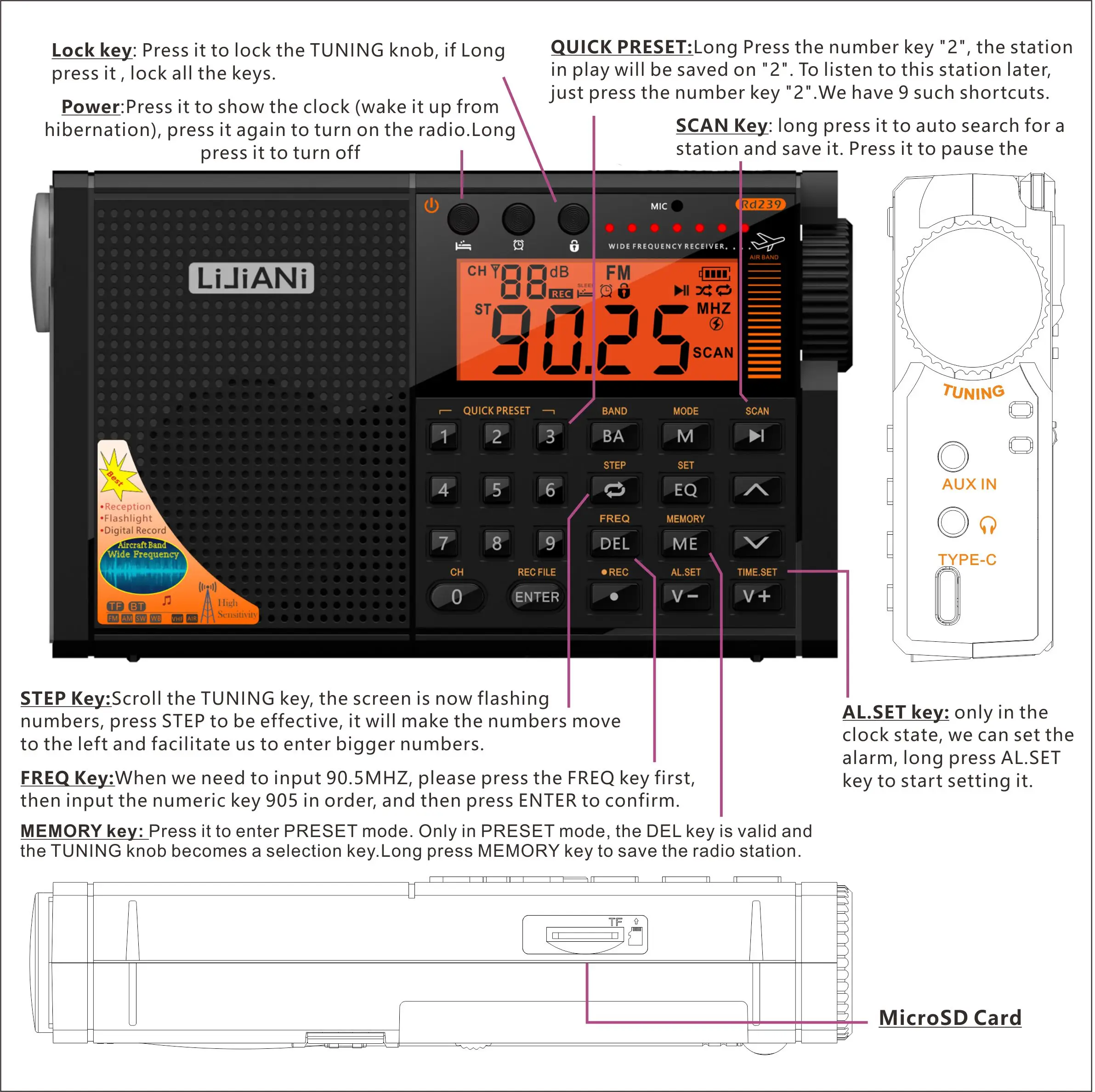 rd239 Radio samolotowe AIR/VHF/AM/FM/SW/tranzystor pasma pogodowego z kartą Bluetooth/TF/latarką, odtwarzaczem MP3, nagrywanie cyfrowe,