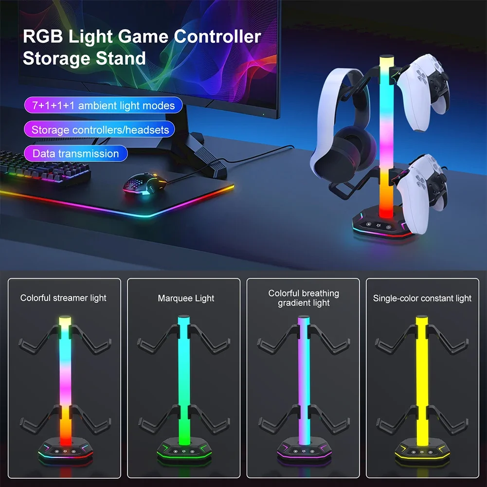 RGB Gaming Headphone Stand Rotatable Headset Stand Controller Holder USB Charging Ports Earphone Hanger Accessories for PS5 Xbox