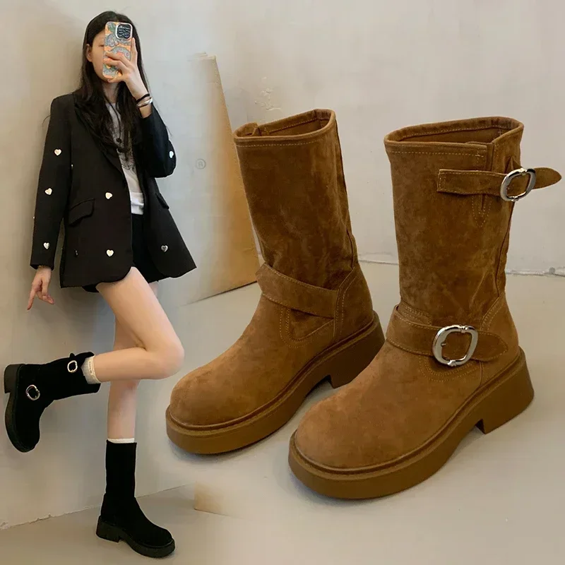 Women's Shoes 2025 Hot Sale Mid-calf Womens Boots Retro Modern Boots Women's Belt Buckle Slip-on Round Toe Low Heel Womens Shoes